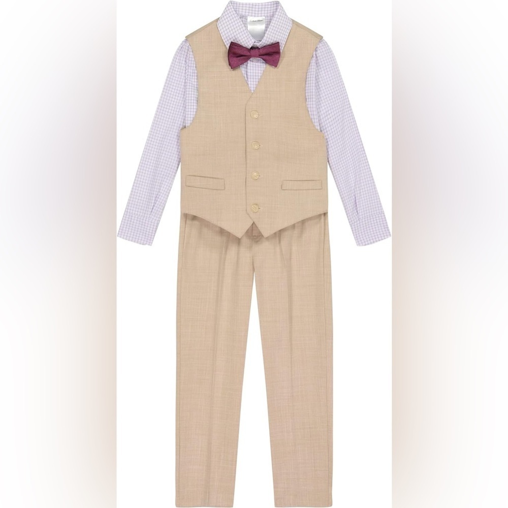 Calvin Klein Boys' 4-Piece Formal Suit Set with Shirt, Vest, Pants, and bow tie
